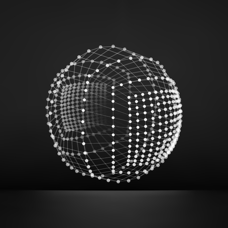 Sphere with Connected Lines and Dots. Global Digital Connections. Globe Grid. Wireframe Illustration. 3D Technology Style. Networks.のイラスト素材