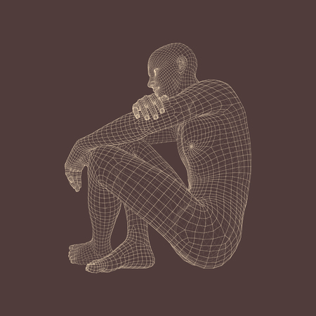 Man in a Thinker Pose. 3D Model of Man. Geometric Design. Human Body Wire Model. Business, Science, Psychology or Philosophy Vector Illustration.のイラスト素材