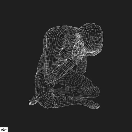 Man in a Thinker Pose. 3D Model of Man. Geometric Design. Human Body Wire Model. Business, Science, Psychology or Philosophy Vector Illustration.のイラスト素材