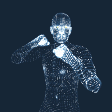 Boxer. Fighting Man. 3D Model of Man. Human Body Model. Body Scanning. View of Human Body. Vector Graphics Composed of Particles.のイラスト素材