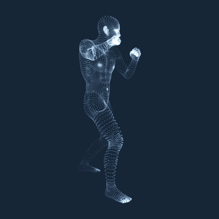 Boxer. Fighting Man. 3D Model of Man. Human Body Model. Body Scanning. View of Human Body. Vector Graphics Composed of Particles.のイラスト素材