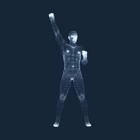 Standing Man. Human with arm up. Silhouette for sport championship. The victory celebration. 3D Model of Man. Vector Illustration.のイラスト素材