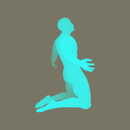 Man kneeling and praying to God. 3D Human Body Model. Design Element. Vector Illustration.のイラスト素材