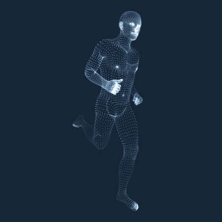 Running Man. Vector Graphics Composed of Particles. 3D Model of Man. Human Body Model. Body Scanning. View of Human Body.のイラスト素材