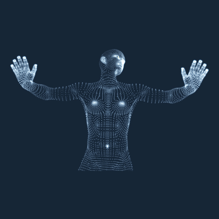 Vector man with hand up to stop. Human showing stop gesture. 3D model of man. 3D vector illustration.のイラスト素材