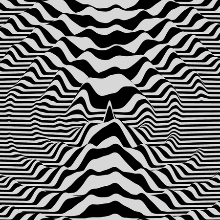 3D wavy background. Dynamic effect. Black and white design. Pattern with optical illusion. Vector illustration.のイラスト素材