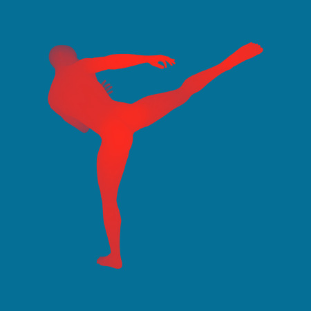 Kickbox Fighter Preparing to Execute a High Kick. Fitness, Sport, Training and Martial Arts Concept. 3D Model of Man. Human Body. Design Element. Vector Illustration.のイラスト素材