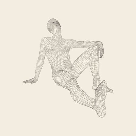Man in a Thinker Pose. 3D Model of Man. Geometric Design. Human Body Wire Model. Business, Science, Psychology or Philosophy Vector Illustration.のイラスト素材