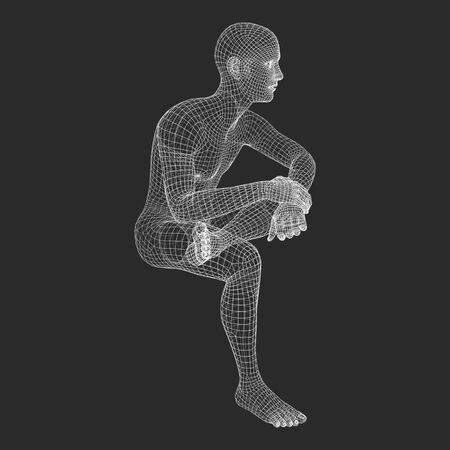 Man in a Thinker Pose. 3D Model of Man. Geometric Design. Human Body Wire Model. Business, Science, Psychology or Philosophy Vector Illustration.のイラスト素材