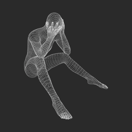 Miserable Depressed Man Sitting and Thinking. Man in a Thinker Pose. 3D Model of Man. Vector Illustration.のイラスト素材