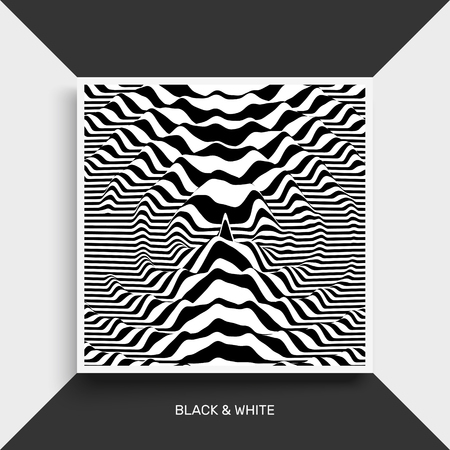 Waveform background. Surface distortion. Pattern with optical illusion. Vector striped illustration. Black and white sound waves. Cover design template.のイラスト素材