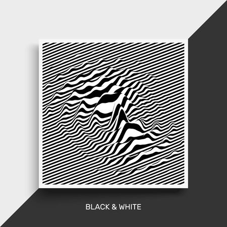 Waveform background. Surface distortion. Pattern with optical illusion. Vector striped illustration. Black and white sound waves. Cover design template.のイラスト素材
