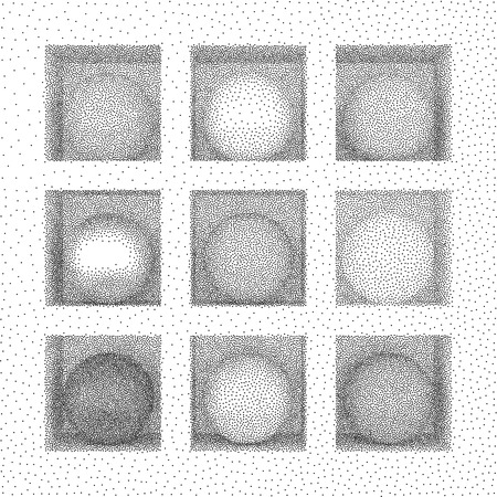 Balls on the shelves. Black and white grainy dotwork design. Pointillism pattern. Stippled vector illustration.のイラスト素材