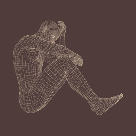 Miserable Depressed Man Sitting and Thinking. Man in a Thinker Pose. 3D Model of Man. Vector Illustration.のイラスト素材