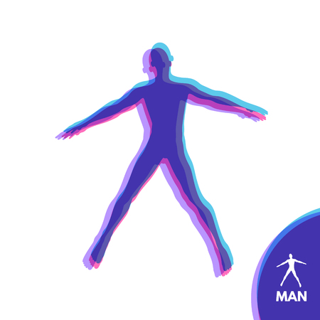 Silhouette of a man. Hands pointing in different directions. Vector illustration.のイラスト素材