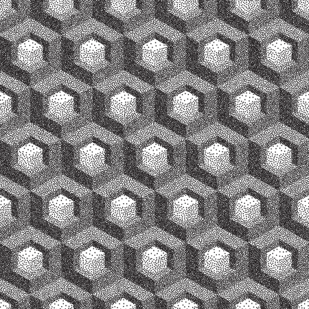 Honeycomb background. 3D mosaic. Black and white grainy design. Pointillism pattern. Stippling effect. Vector illustration.のイラスト素材