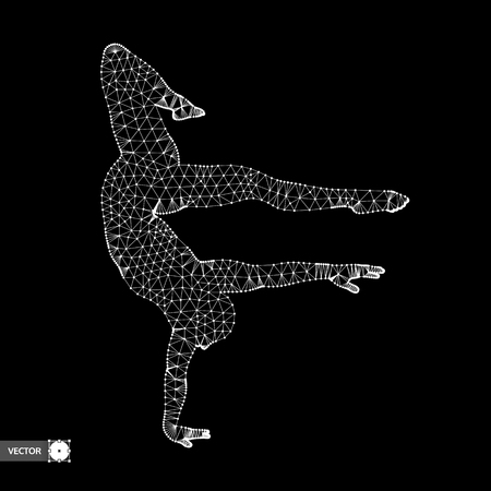 Man is posing and dancing. A dancer performs acrobatic elements. 3d model of man. Sport symbol. Design element. Vector illustration.のイラスト素材