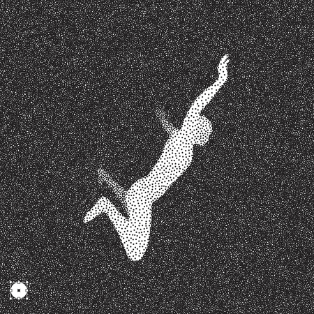 Man falls down from a height. 3D model of man. Black and white grainy dotwork design. Stippled vector illustration.のイラスト素材