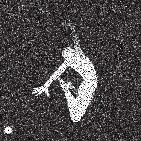 Human with arm up in black and white grainy design illustration.