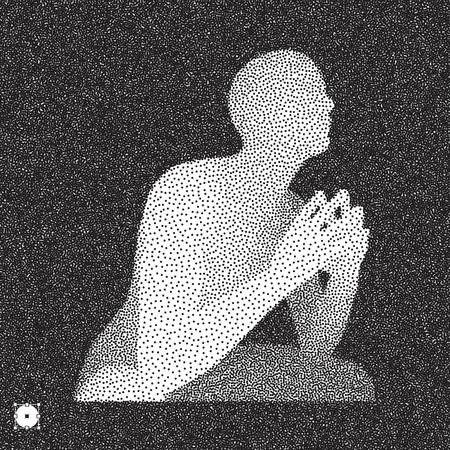 Sitting man. 3D Model of Man. Black and white grainy dotwork design. Stippled vector illustration.のイラスト素材