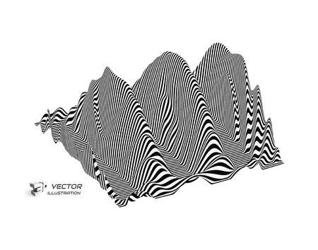 Landscape background. Terrain. Black and white background. Pattern with optical illusion. 3D Vector illustration.のイラスト素材