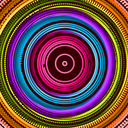 Array with dynamic particles of small particles in circle. Modern science and technology element. Radial structure. Abstract dotted background. Vector illustration. のイラスト素材