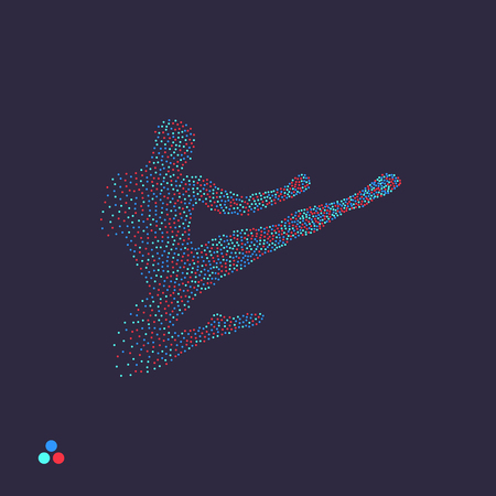 Kickbox fighter preparing to execute a high kick. Silhouette of a fighting man. Dotted silhouette of person. Vector illustration. のイラスト素材