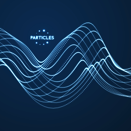 Wavy background, array with dynamic particles. Composition with motion effect, 3d technology style vector illustration.のイラスト素材