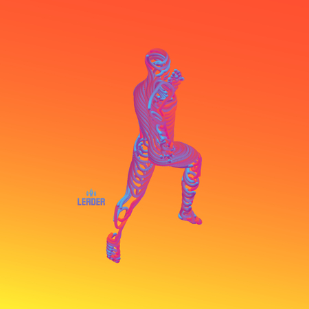 Running man. Emblem for marathon and jogging. 3d model of man. Vector Illustration. Wire connection to virtual reality. のイラスト素材