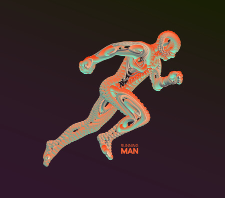Running man. Emblem for marathon and jogging. 3d model of man. Vector Illustration. Wire connection to virtual reality. のイラスト素材