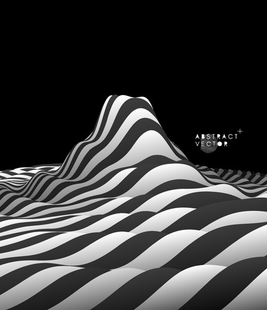 Landscape background. Terrain. Black and white background. Pattern with optical illusion. 3D Vector illustration.のイラスト素材