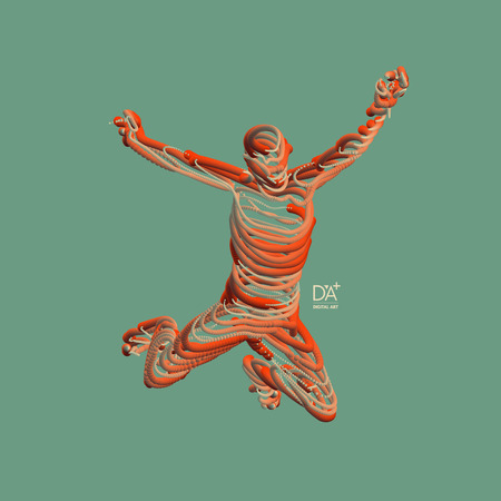 Jumping man. Freedom concept. 3d vector Illustration. Wire connection to virtual reality. のイラスト素材