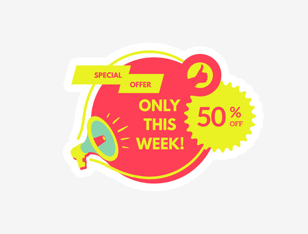 Sale and special offer. 50% off. Megaphone with bubble speech. Concept for promotion and advertising. Vector illustration for design or print.のイラスト素材