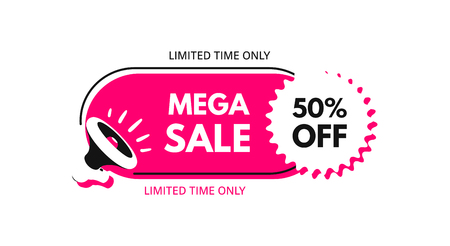 Mega sale. 50% off. Megaphone with bubble speech. Concept for promotion and advertising. Sticker for best stock sales. Vector illustration for design or print.のイラスト素材