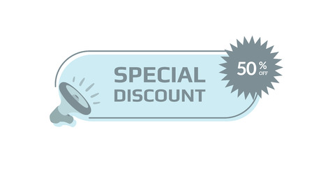 Special discount. 50% off. Megaphone with bubble speech. Concept for promotion and advertising. Sticker for best stock sales. Vector illustration for design or print.のイラスト素材