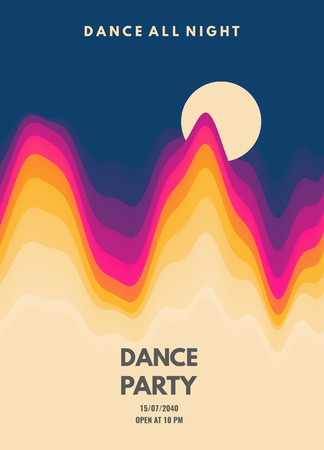 Dance party invitation with date and time details. Music event flyer or banner. 3D wavy background with dynamic effect. Vector illustration.のイラスト素材