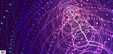 Array with dynamic particles. Swirl with connected dots. Abstract science or technology background. 3d vector illustration. のイラスト素材
