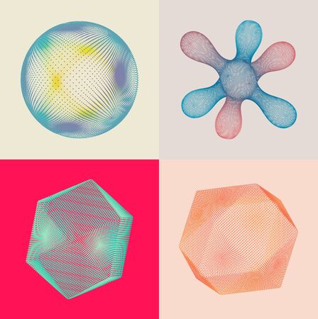 Sphere and crystal consisting of small particles. Object with dots. Molecular grid. 3d vector...