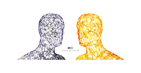 Two opponents facing each other. Conflict of interest. The concept of rivalry. 3d human face created in grid style. Vector illustration.のイラスト素材