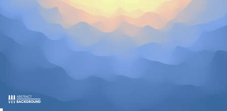 Blue abstract background. Realistic landscape with waves. Sunrise. Cover design template. 3d vector illustration.のイラスト素材