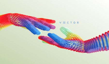 Hands reaching towards each other. Concept of human relation, togetherness or partnership. Connection structure. 3D vector illustration.のイラスト素材