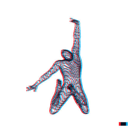 Leadership concept. Jumping man. Emblem for sport championship. 3d vector Illustration. Wire connection to virtual reality.のイラスト素材