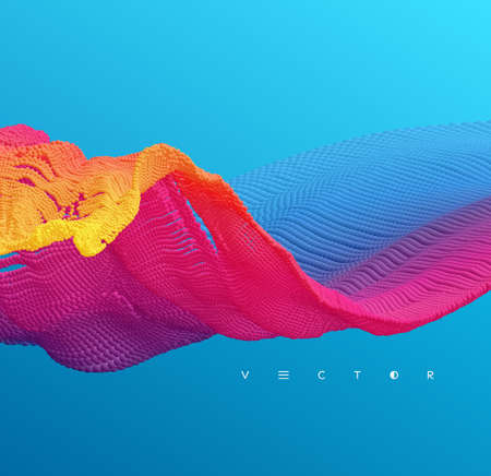 3D wavy background. Array with dynamic emitted particles. A wave formed from many spheres. Abstract vector illustration. Design template. Modern pattern.のイラスト素材
