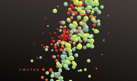 Many flying spheres of different sizes in empty space. Abstract background. 3d vector illustration.