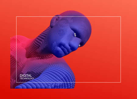 Artificial intelligence concept. Face recognition. Abstract digital human head. Futuristic background. Vector Illustration for advertising, marketing or presentation.のイラスト素材
