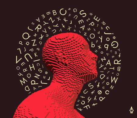 Discovery, studying and learning concept. Brain training. Development of thinking abilities. Halo of letters in chaotic order above the man's head. Vector illustration for education.のイラスト素材