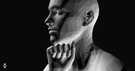 Abstract digital human head. Man with his fist under his chin. Face side view. Time to think. Minimalistic design for business presentations, flyers or posters. 3d vector illustration.のイラスト素材
