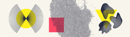 Abstract radial lines as propeller or fan. Melted liquid shape made of distorted lines. Chaotic concentration and dispersion of small black dots. Vector illustration.のイラスト素材