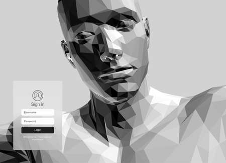 Login user interface. Low poly style human head. Modern screen design for mobile app and web design....
