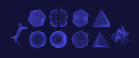 Crystals, spheres and pyramids consisting of small particles. Objects with dots. Molecular grid. 3d...